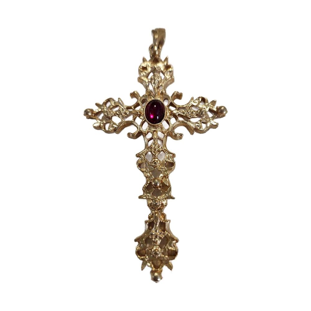 Vintage Avon Filigree Cross Pendant With Red Lucite Jewel, 3" Long